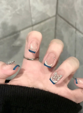 2026春夏新款高级感手工美甲蓝色蝴蝶气质猫眼法式穿戴甲显白贴片