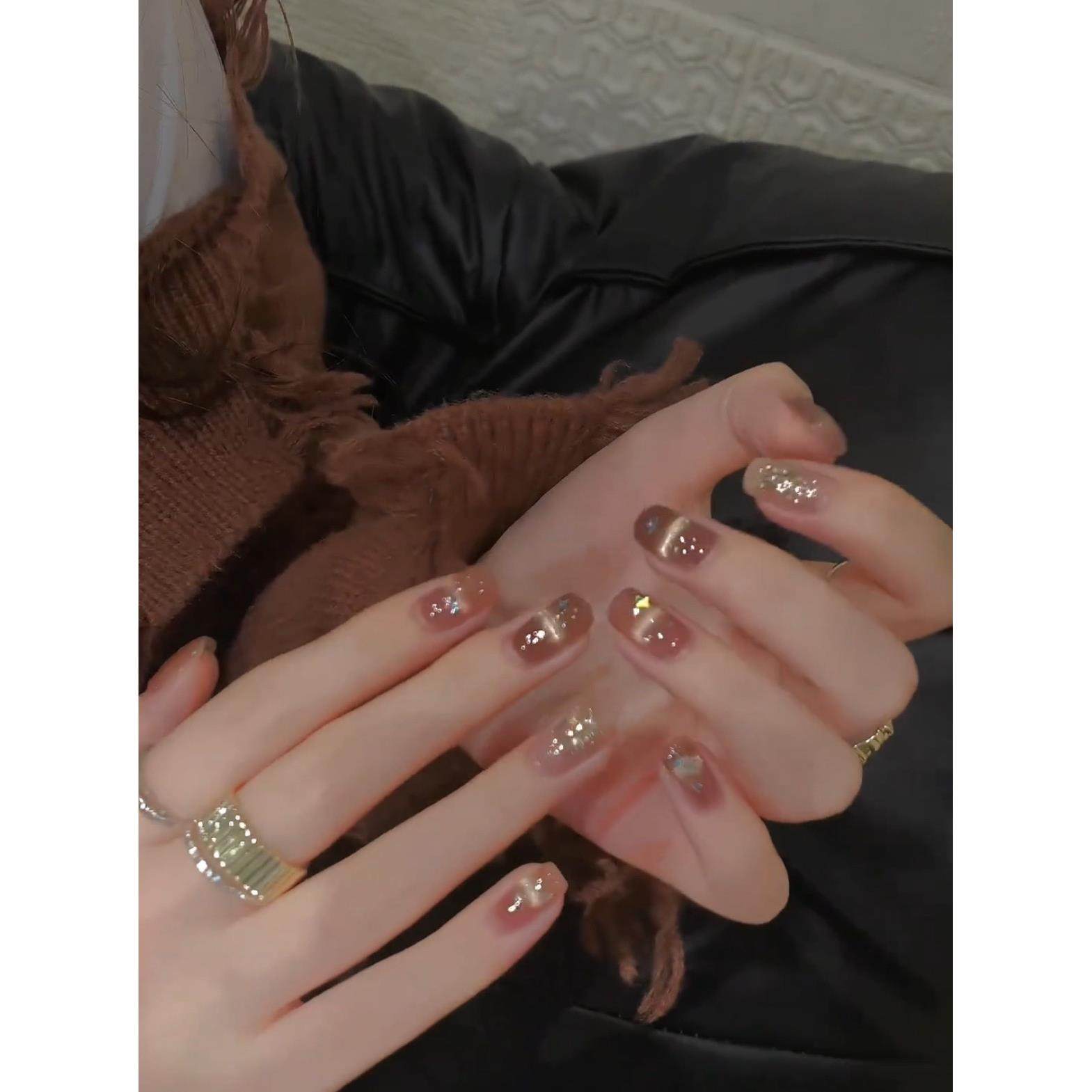 【茶棕碎星】纯手工穿戴甲秋冬棕色猫眼美甲气质显白短款可拆卸贴,彩妆/香水/美妆工具,穿戴甲/甲片,淘宝优惠券,粉丝福利购,淘宝优惠卷