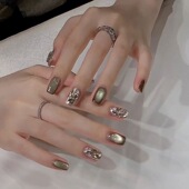 纯手工穿戴甲爆闪玻璃珠猫眼气质显白短款 破茧成蝶 美甲片可拆