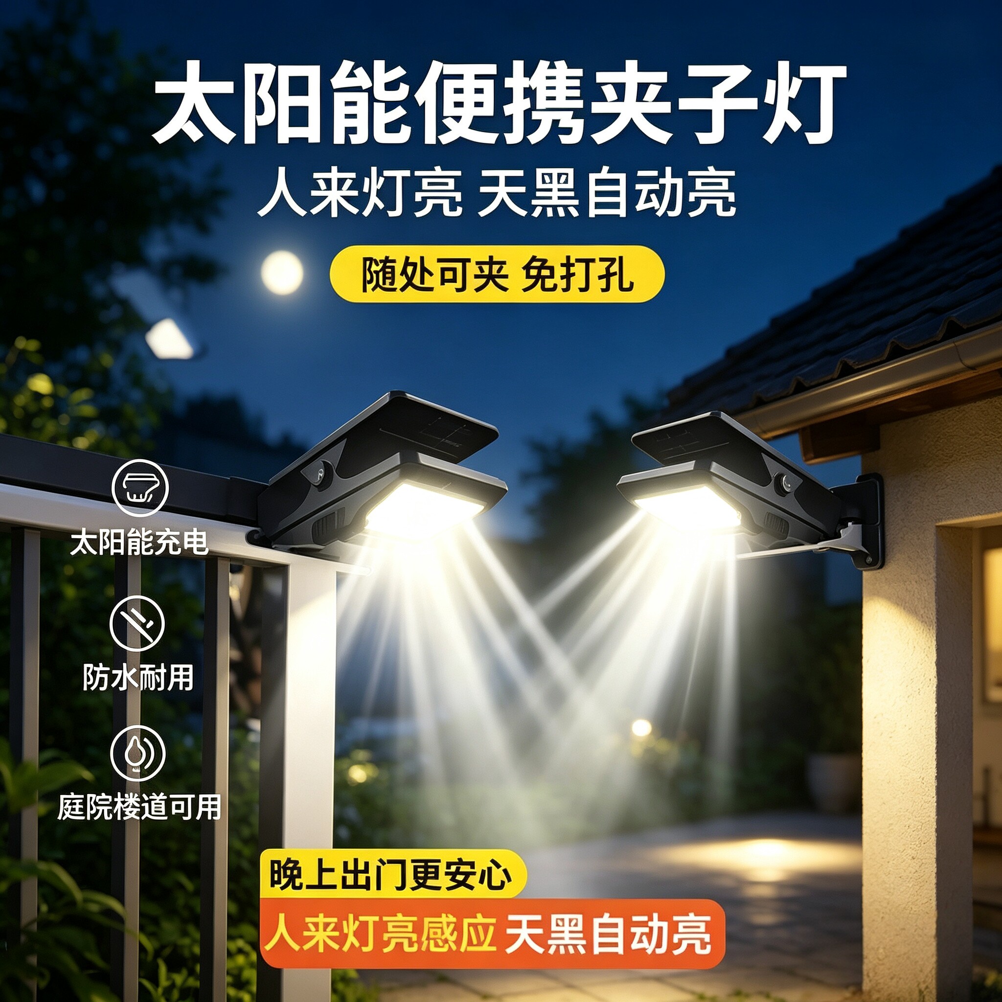 太阳能户外灯庭院灯围栏夹子灯家用防水壁灯人体感应超亮照明路灯