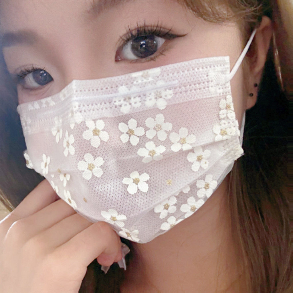 夏季新款樱花网纱口罩1层网纱+1层无纺布轻薄透气软蕾丝高颜值