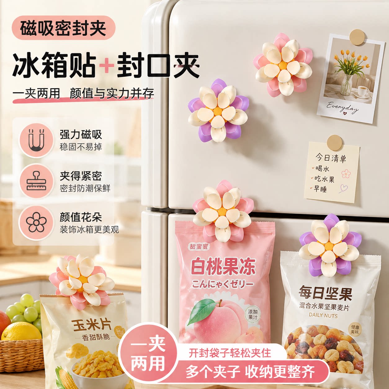 荷花双层磁吸封口夹冰箱贴