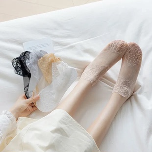 蕾丝花边短袜女夏季 透明水晶袜防勾丝纯棉底袜子隐形防滑潮 超薄款