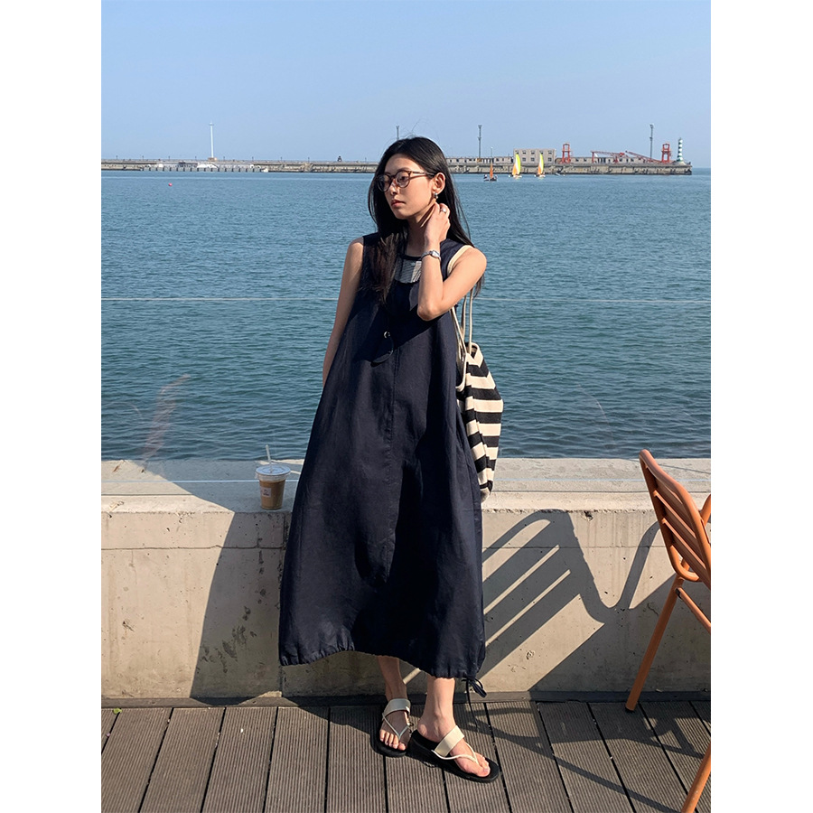 黄峥 韩系新款宽松背心连衣裙女时尚简约百搭显瘦苎麻长裙520656
