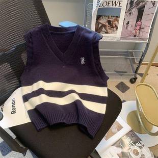 坎学院风V针织背心领女设短计感外搭肩821J7无袖 休闲马甲韩版 上衣