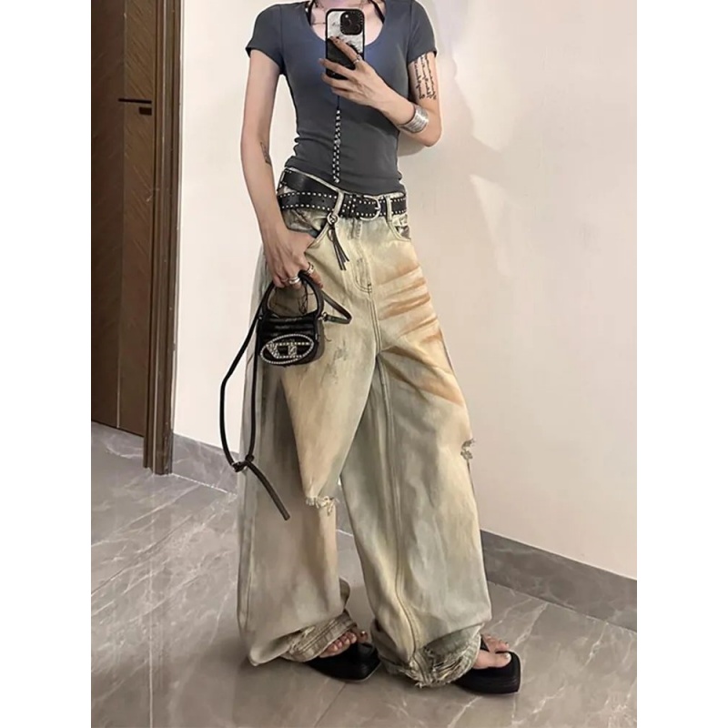 辣妹复古做旧破洞牛仔裤女夏季新款潮流百搭宽松垂坠感显瘦阔腿裤