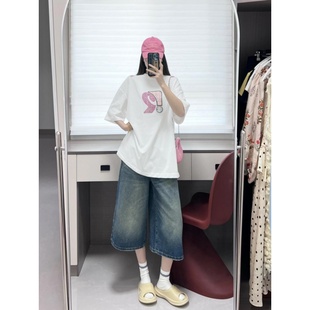 宽松显瘦阔腿裤 复古港风七分牛仔裤 高腰垂感直筒裤 女夏季 2025新款