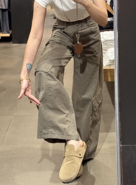 重工多口袋绿色牛仔裤女秋季新款学生百搭工装裤宽松显瘦阔腿长裤