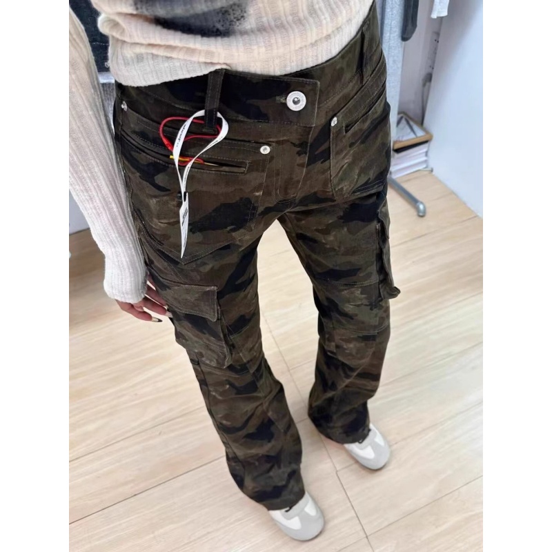 辣妹复古迷彩色微喇牛仔裤女夏季修身显瘦工装裤时尚百搭喇叭长裤