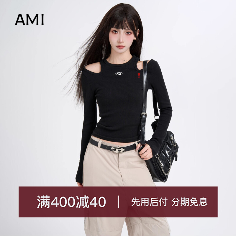 AMI美式黑色镂空露肩长袖t