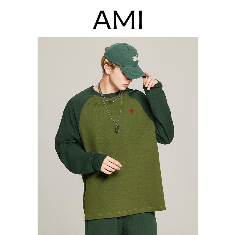 AMI长袖纯棉美式复古插肩袖t恤男