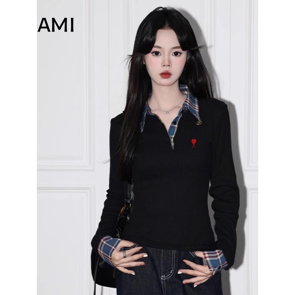 AMI美式黑色格纹假两件长