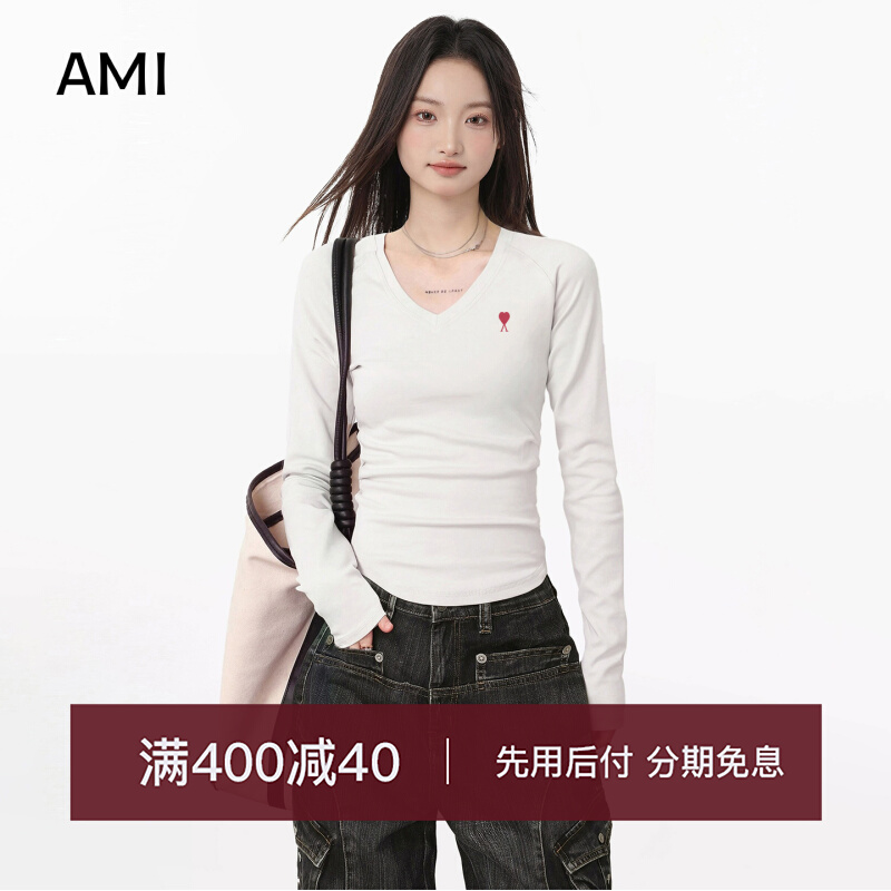 AMI2025美式白色V领长袖t
