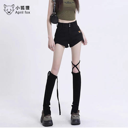 英国April Fox小狐狸美式修身黑色牛仔短裤女2026夏季高腰a字热裤