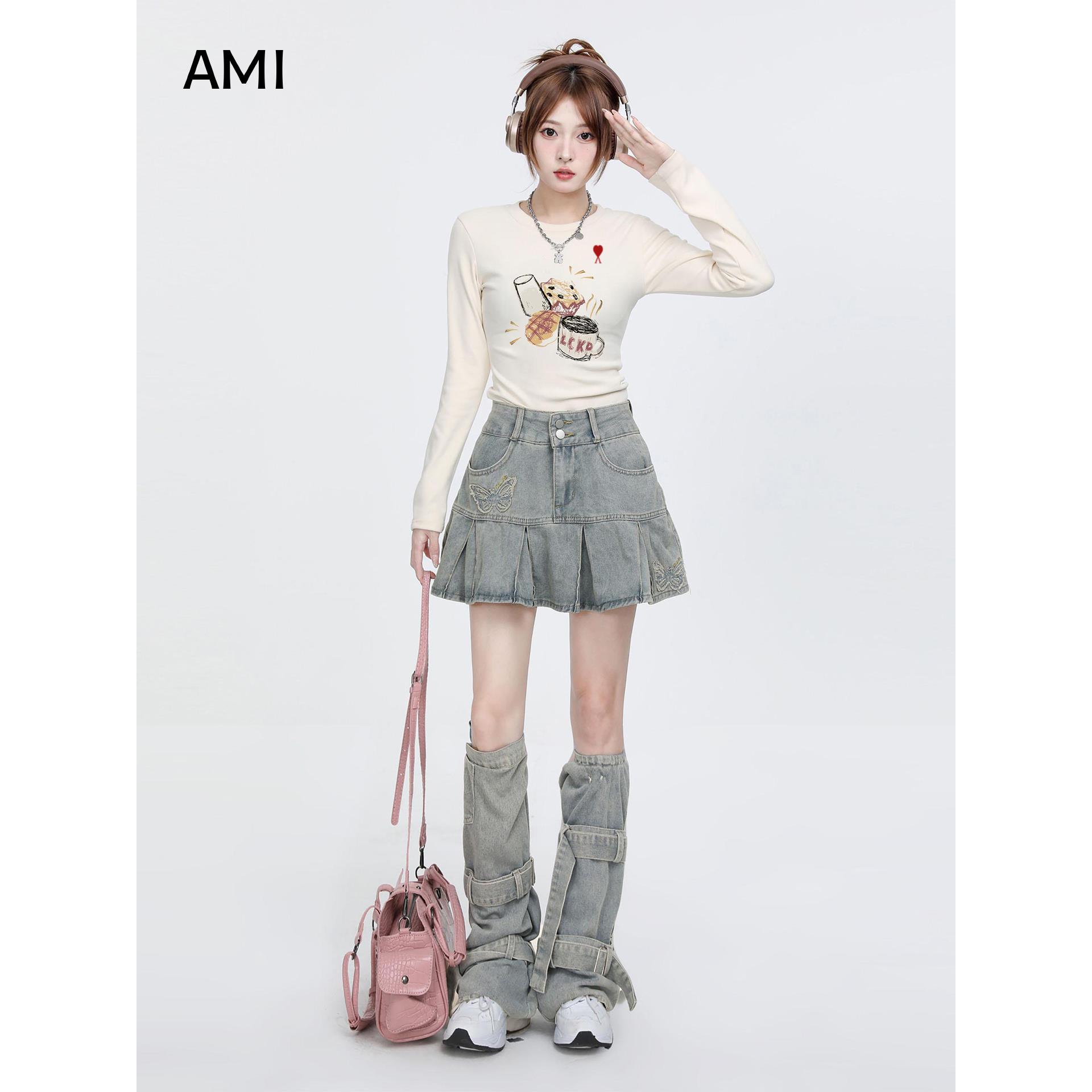 AMI美式圆领杏色长袖T恤女