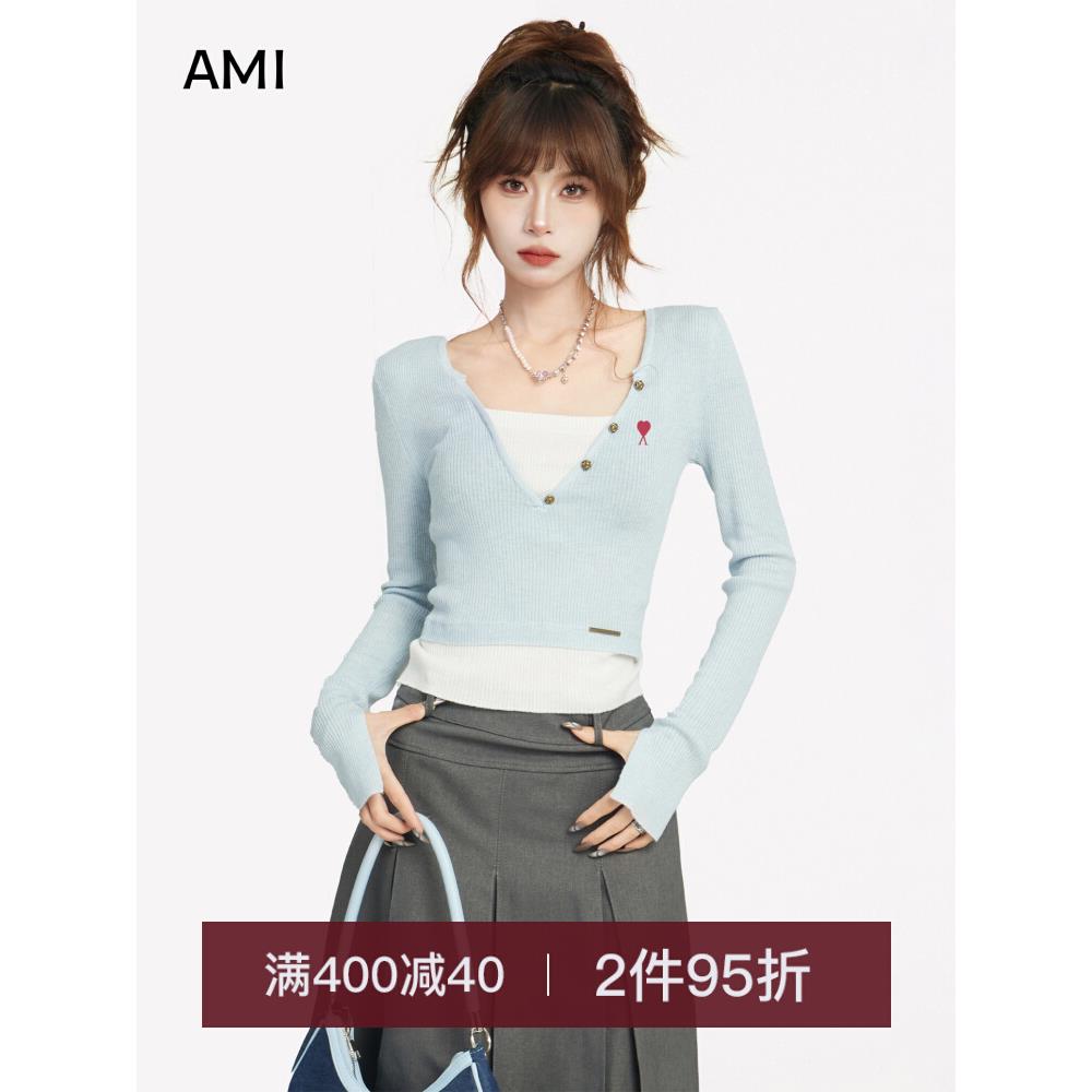 AMI美式蓝色假两件V领长袖