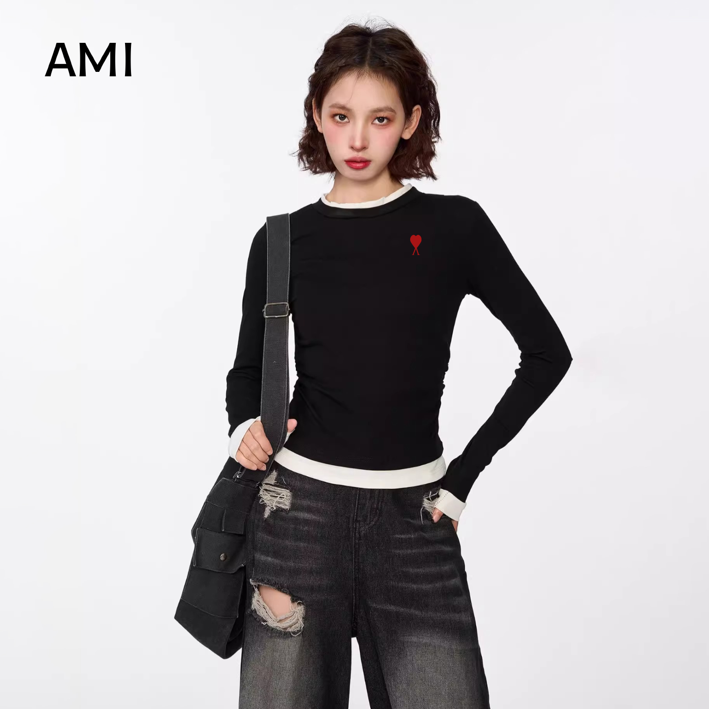 AMI美式黑色拼接撞假两件