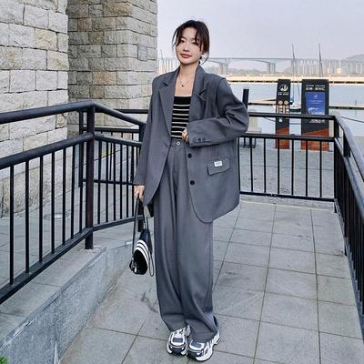 实拍高级感灰色西装套装女韩版宽松2025秋季新款设计感西服两件套