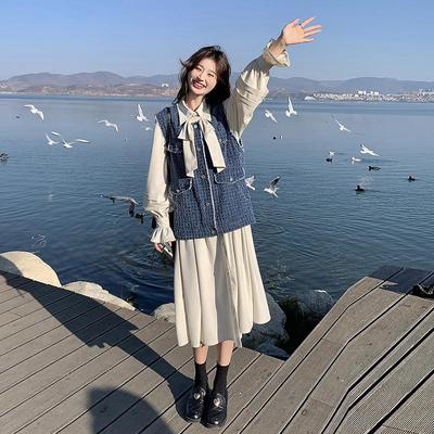 实拍2025年春秋新款法式小香风牛仔马甲连衣裙套装气质长裙两件套