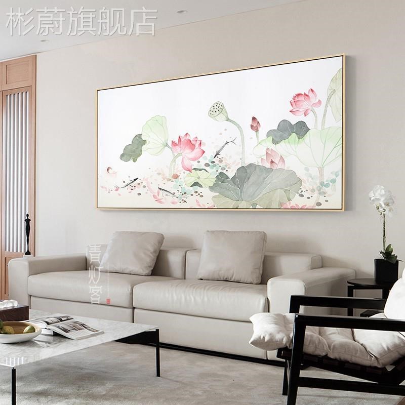 网红厅原木中式客装饰画日式现代餐厅墙面挂画中国风大横风幅荷花图片