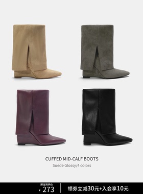 Cihi'CALF-HIGH BOOTS'复古定制diy线条坡跟中筒靴女士冬款套筒靴