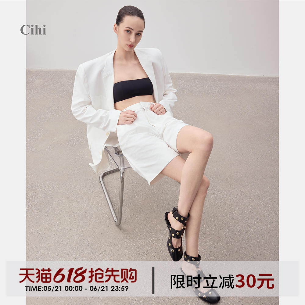 Cihi设计女鞋莫比乌斯重磅手工铆钉设计锥形粗跟方头单鞋
