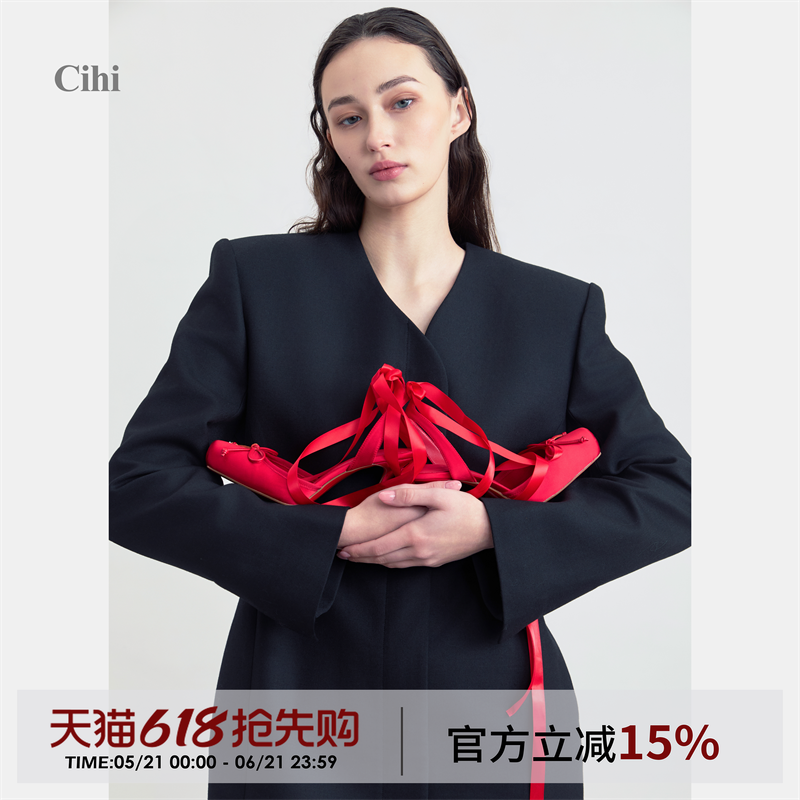 Cihi芭蕾红底 高支高密哑光缎面超细跟 缎面绑带高跟单鞋