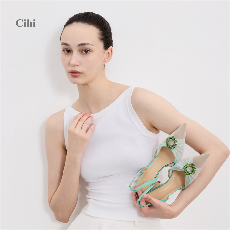 Cihi夏季高密网纱后空水钻单鞋