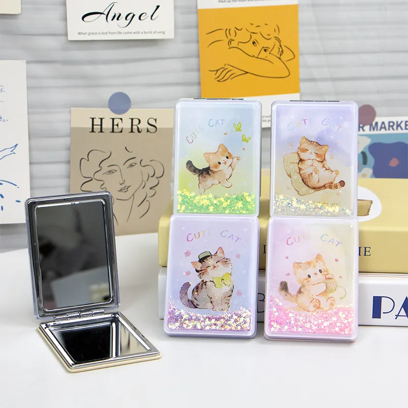 可爱猫咪流沙化妆镜小众双面折叠梳妆镜镜翻盖式便携小镜子