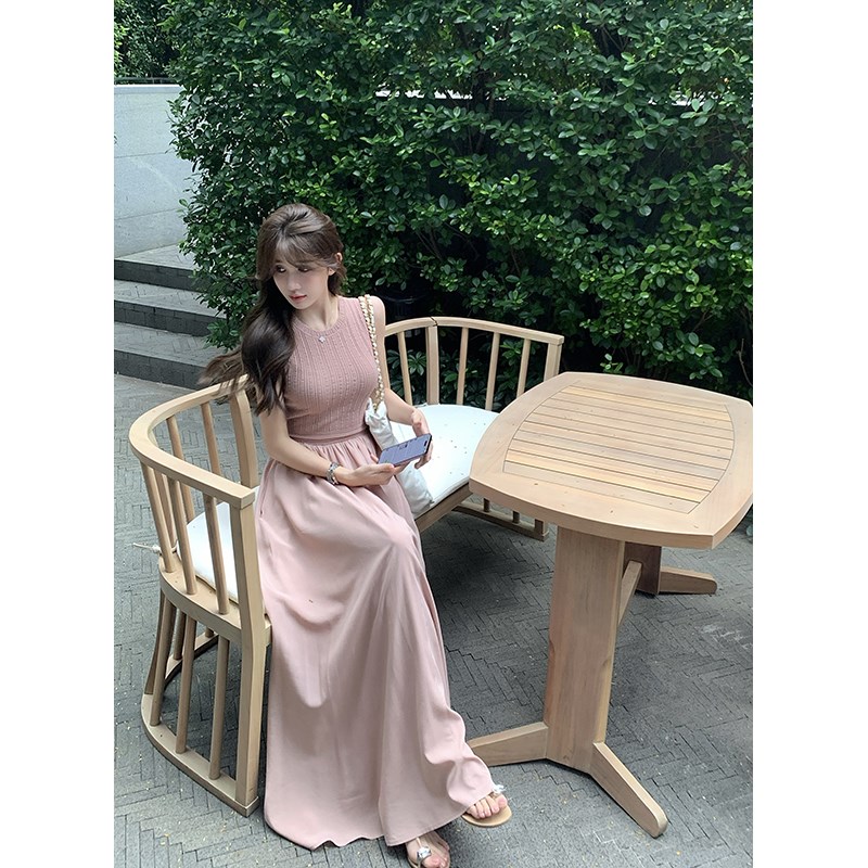 愉悦愉悦设计感白色无袖气质连衣裙女夏季法式拼接收腰长款背心裙