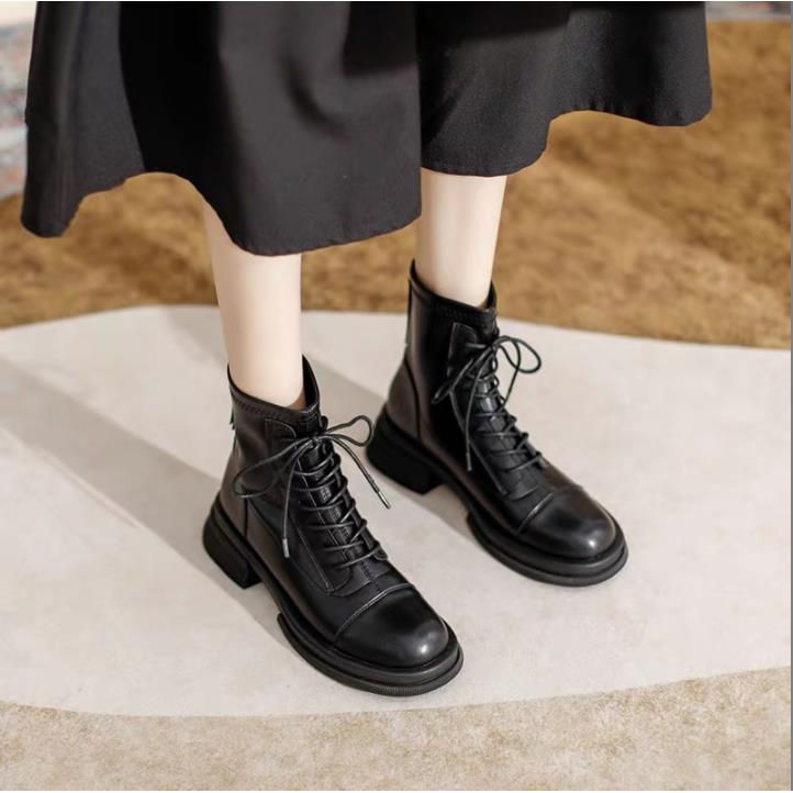 昔子1012新款秋冬舒适马丁靴系带瘦瘦靴百搭粗跟圆头加绒保暖时尚