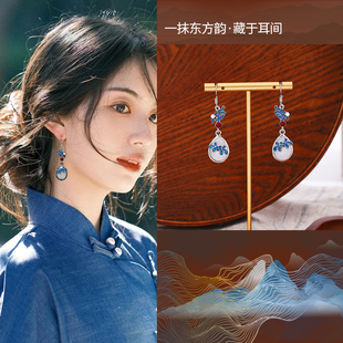 新中式国风水滴珍珠青花瓷配色耳环蓝色长款流苏古风汉服旗袍耳饰