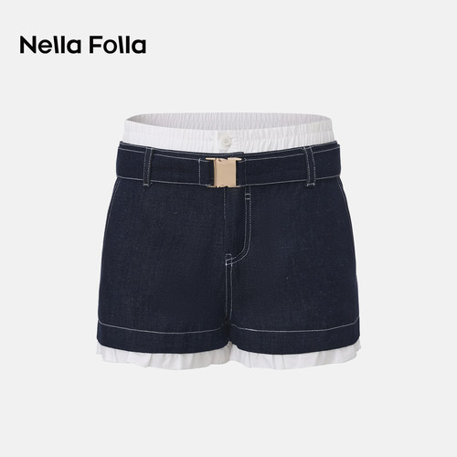 NellaFolla假两件牛仔短裤
