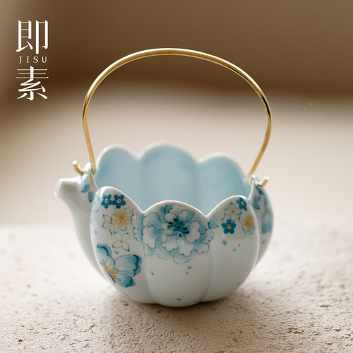 即素原创手工青花手绘铜把手提梁公道杯高档景德镇分茶器陶瓷茶海