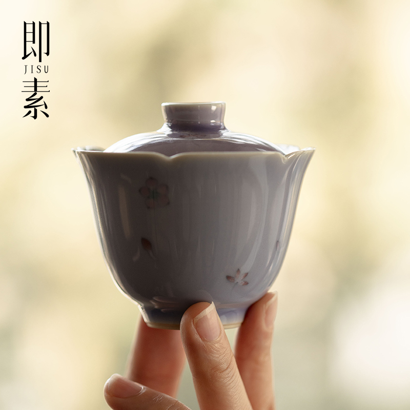 即素薰衣紫粉彩手绘花卉花口盖碗精致手工薄胎不烫手泡茶碗敬茶碗