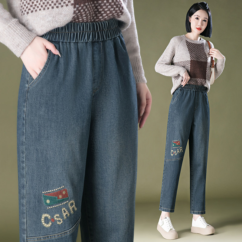 春秋新款老爹牛仔休闲裤子女时尚刺绣高腰弹力松紧妈妈显瘦九分,女装/女士精品,牛仔裤,淘宝优惠券,粉丝福利购,淘宝优惠卷