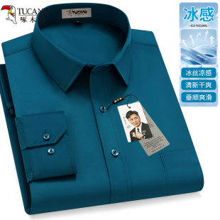 免烫抗皱纯色薄款 啄木鸟冰丝衬衫 大码 长袖 中年休闲商务衬衣男 男士