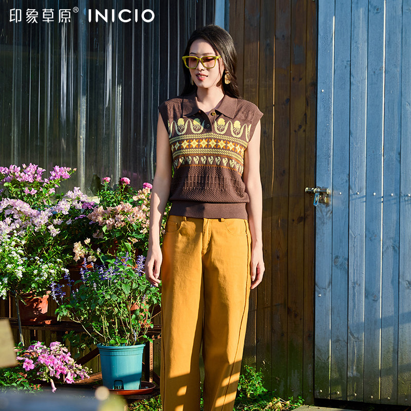 印象草原复古费尔岛提花针织背心女翻领无袖毛衣棕色印花上衣