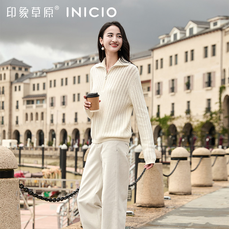 印象草原秋冬新款山羊绒半拉链高领毛衣女重工绞花宽松百搭针织衫,女装/女士精品,羊绒衫,淘宝优惠券,粉丝福利购,淘宝优惠卷