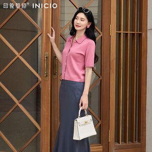 印象草原轻熟优雅风POLO领短袖毛针织衫女通勤高级感上衣