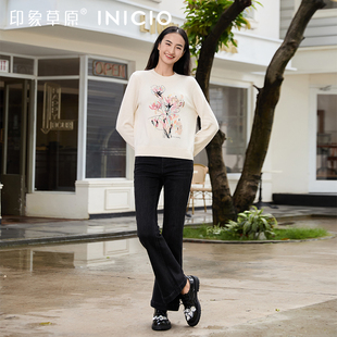 印象草原秋冬新款山羊绒圆领花卉刺绣羊绒衫套衫女长袖宽松毛衣