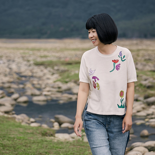 女印花刺绣花短袖 针织衫 艺术家联名 上衣 印象草原25新品