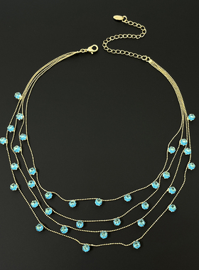 Vintage古着 Gold multilayer blue rhinestone necklace项链