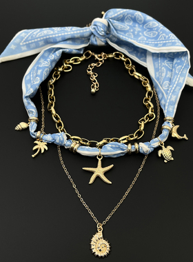 Vintage古着 Blue silk scarves and starfish are stacked项链