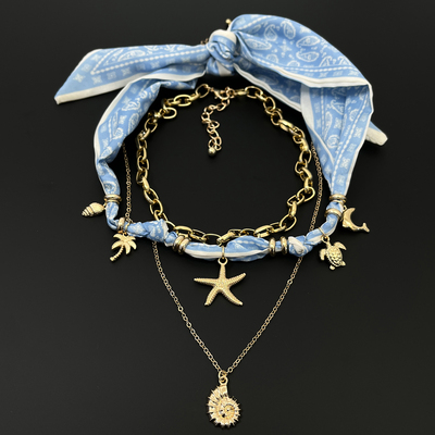 Vintage古着 Blue silk scarves and starfish are stacked项链