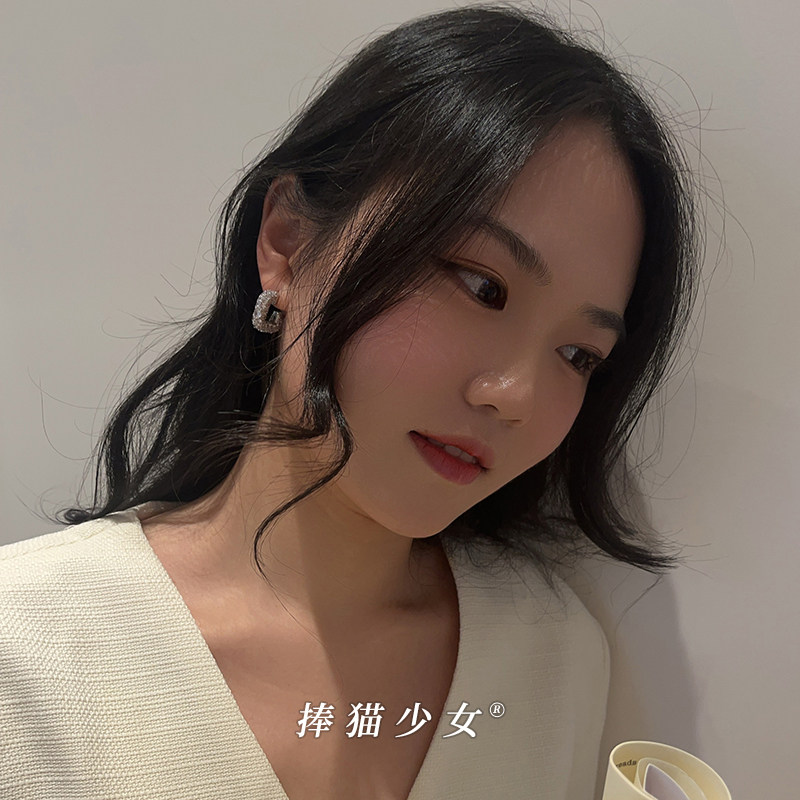 [捧猫少女]微镶锆石闪钻方形耳环高级感小众轻奢气质几何耳钉通勤