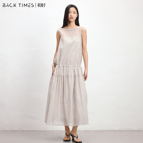 BACK TIMES初时夏新品女连衣裙织云灰拼接透肤棉麻感抽褶收腰长裙