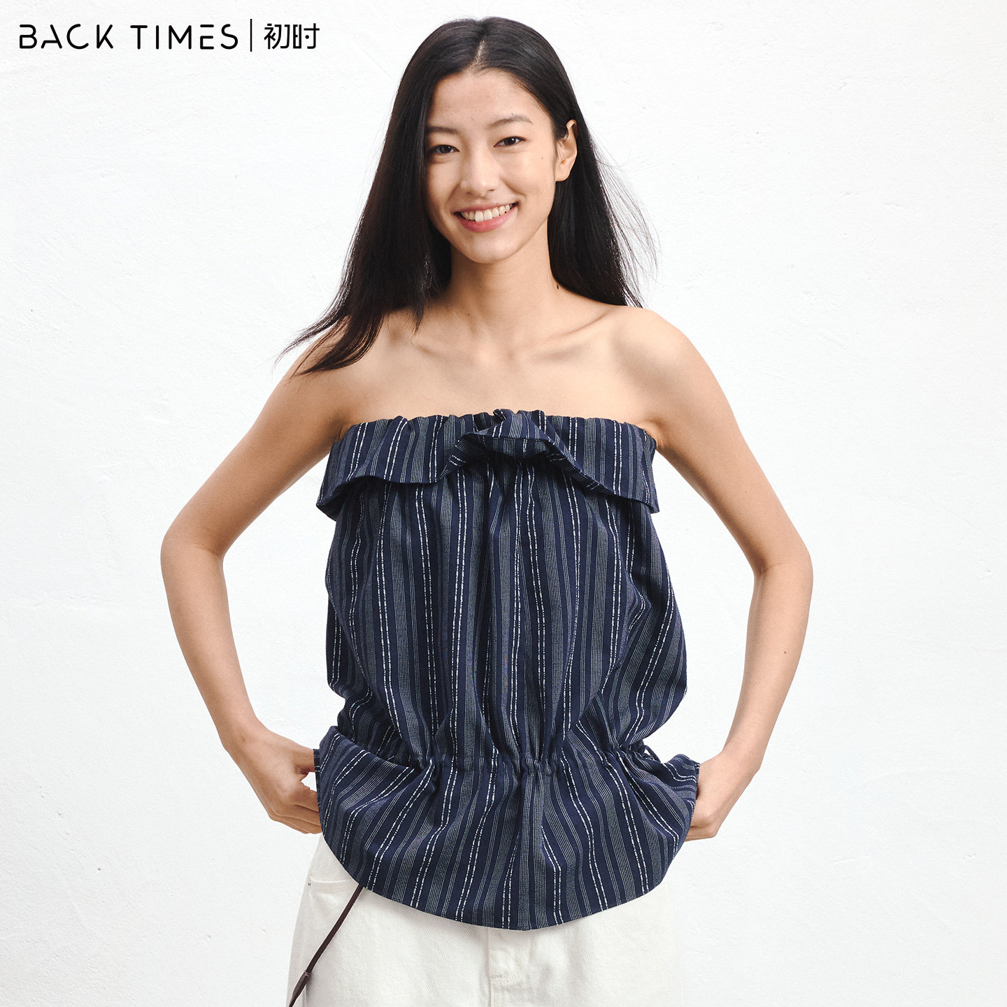 初时 BACK TIMES｜藏青条纹荷叶边抹胸上衣 宽松收腰无肩带背心
