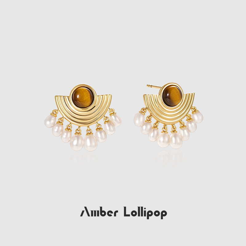 Amber Lollipop虎眼石耳环女天然珍珠耳钉气质流苏耳饰轻奢礼物