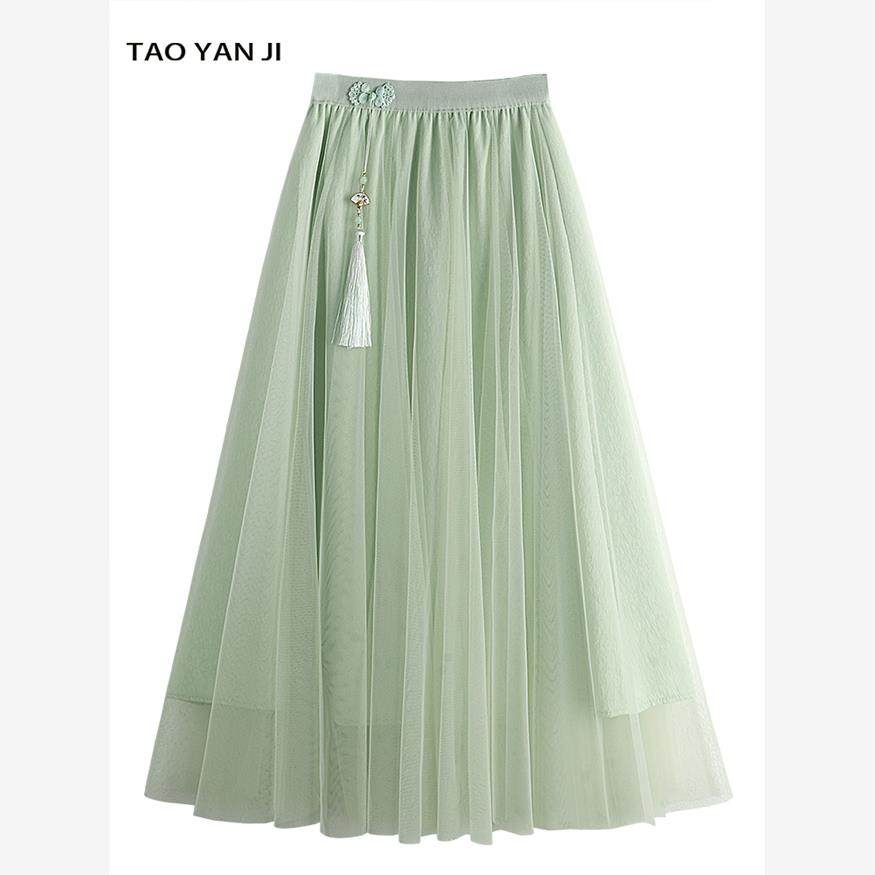 国风新中式提花网纱半身裙女2024夏季新款高腰显瘦a字大摆中长裙